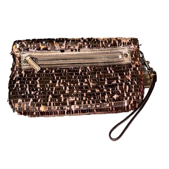 Coach Rose Gold/Champagne Pink Sequin & Leather Clutch Wristlet, Night Out Party - Picture 2 of 6